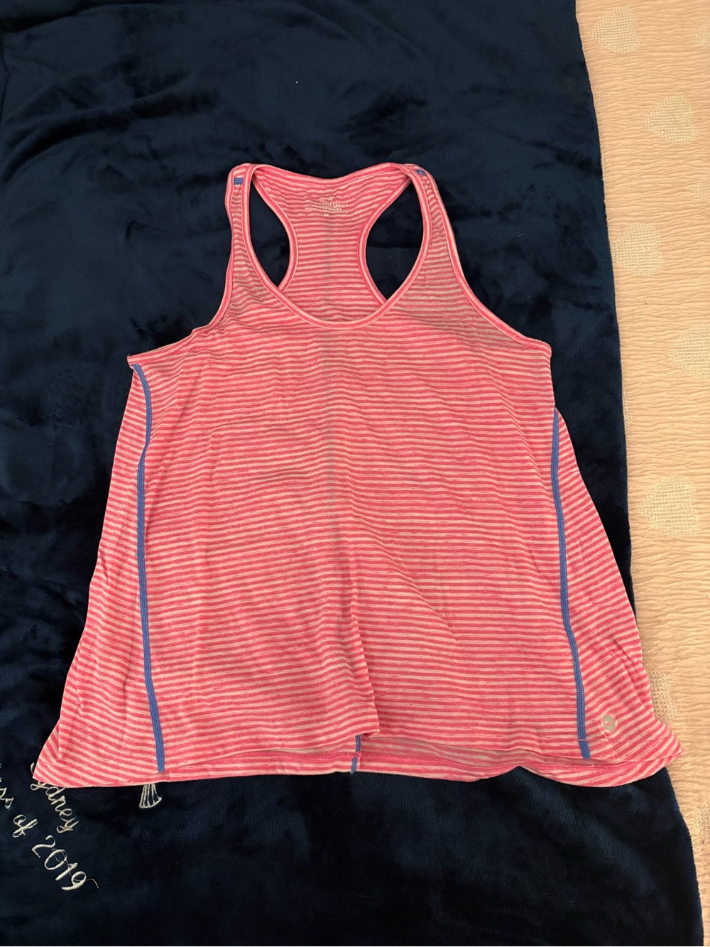Vineyard Vines Coral Pink Striped Racerback Tank with Blue Piping